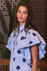 IT2337 Ruffle Sleeves Pintuck Detail Polka Dot Print top: CREAM/BLACK