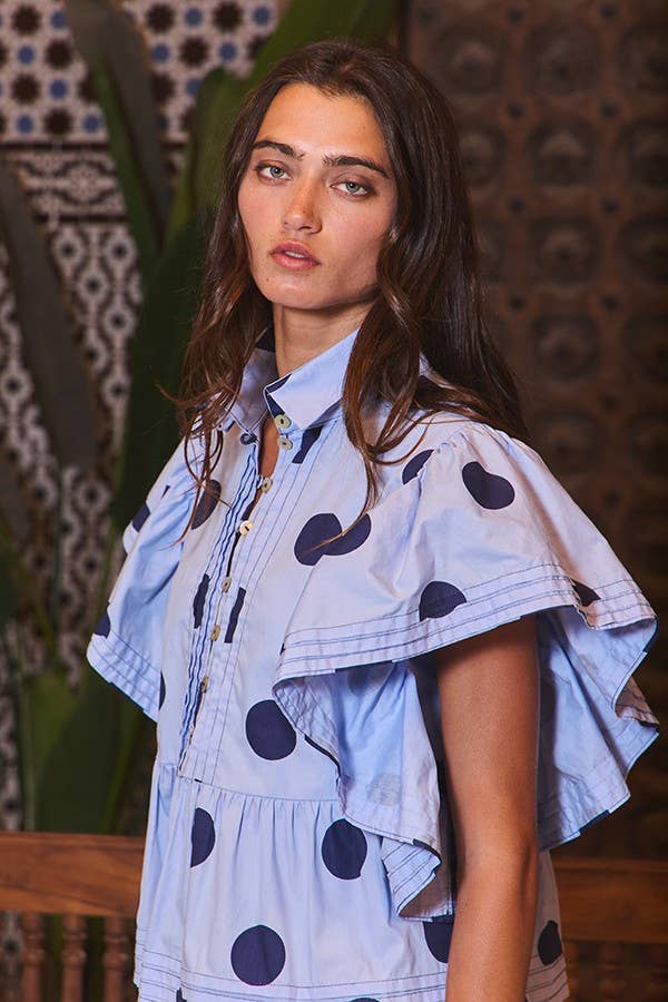 IT2337 Ruffle Sleeves Pintuck Detail Polka Dot Print top: CREAM/BLACK