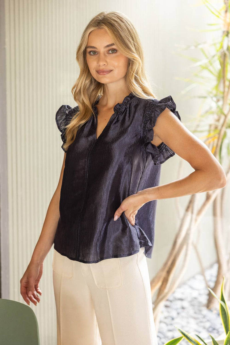 35945 Smock and Ruffle Detail Metallic Woven Top: Navy / S