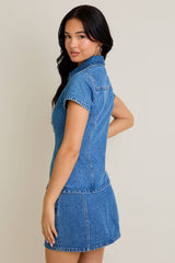 SHORT SLEEVE BUTTON FRONT DENIM TOP: DENIM / M