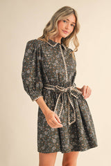 BLANKET STITCH PUFF SLEEVE FLORAL MINI DRESS MDR4173: Plum Multi Floral / L