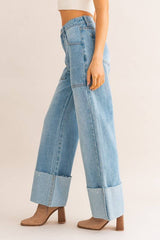 WIDE LEG CUFFED JEANS: Lt Denim / M