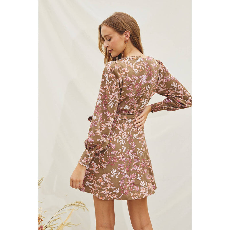 Floral Mini Wrap Dress: TAUPE/MAUVE