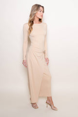 CHIC WRAP PANEL BUCKLE LONG SLEEVE MAXI DRESS-DD10840FO: NUDE / Contemporary / M