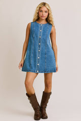 SLEEVELESS ROUND NECK BUTTON DOWN DENIM MINI DRESS: DENIM BLUE / XS