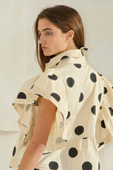 IT2337 Ruffle Sleeves Pintuck Detail Polka Dot Print top: CREAM/BLACK