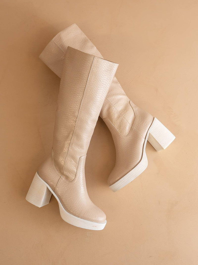 The Juniper Beige | Platform Knee-High Boots: Beige / 6.