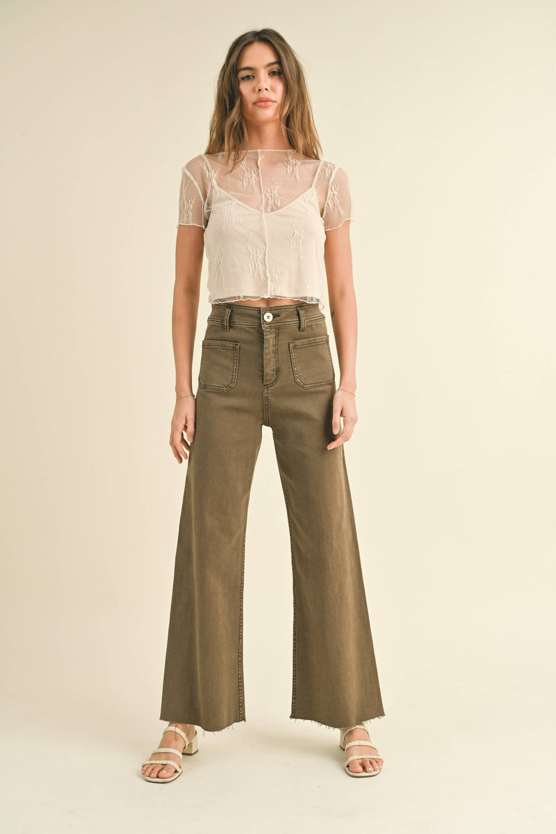 MMP1913   STRAIGHT WIDE LEG PANTS WITH FRONT POCKET: WASHED BEIGE / L