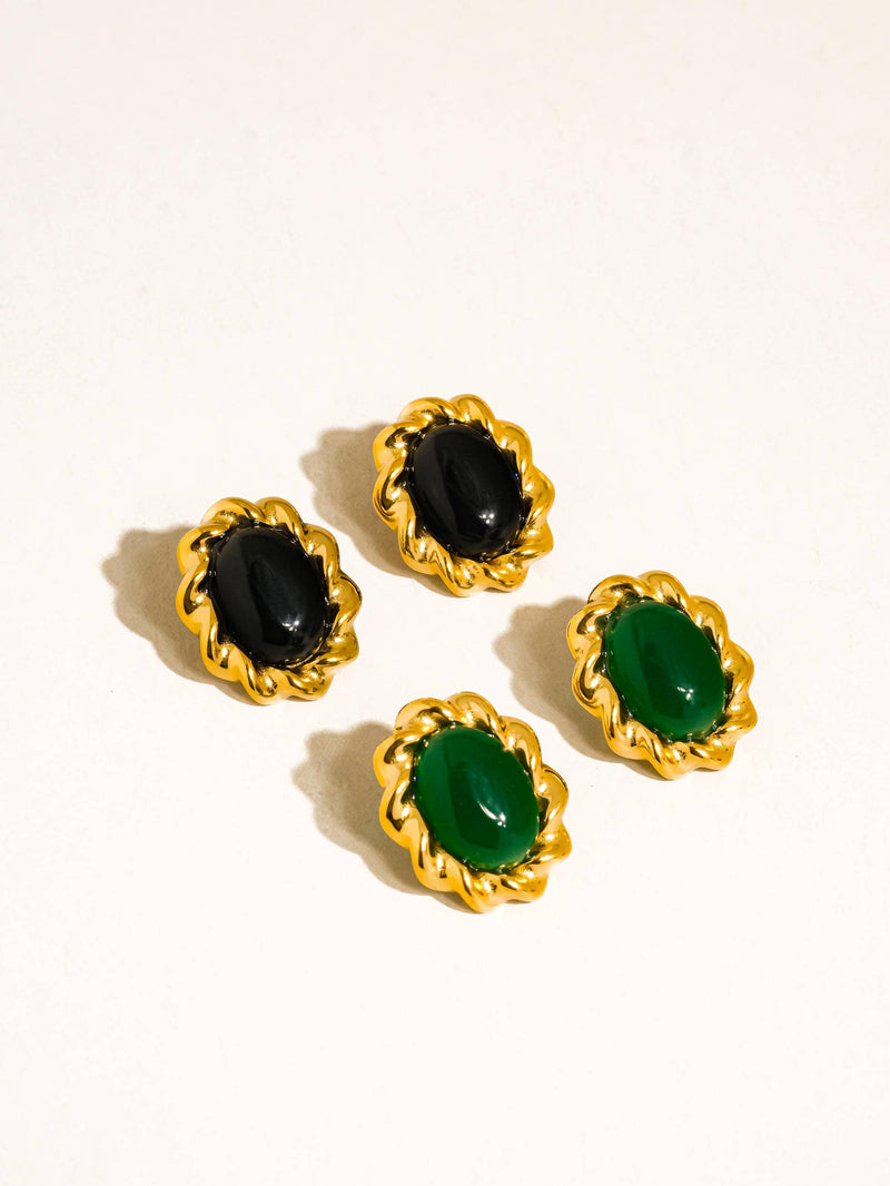 Eulie 18K Gold Non-Tarnish Vintage Stone Oval Earring: Green