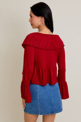 LONG SLEEVE FINE KNIT SWEATER WITH RUFFLE DETAILS: RUBY RED / S