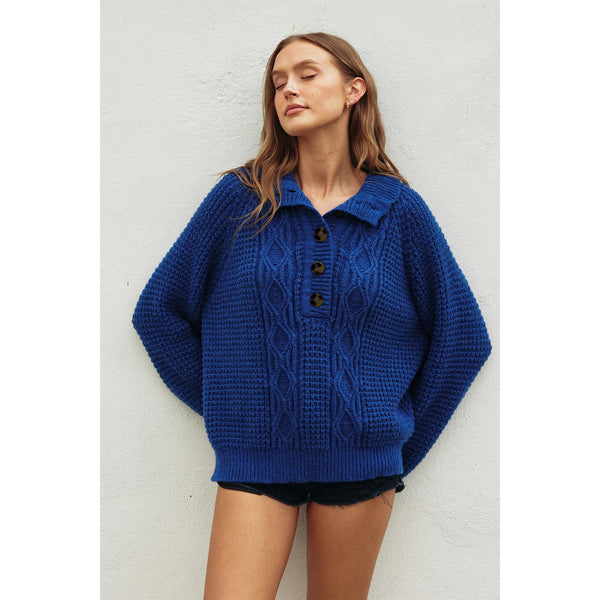 Cable Knit X Waffle Boxy Sweater: STAR SAPPHIRE