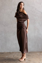JD9203-ONE SHOULDER RUCHED MIDI DRESS: CHOCOLATE / L