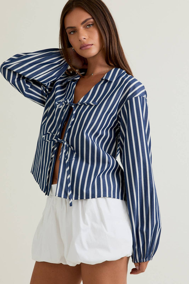 STRIPE LONG SLEEVE TIE TOP S