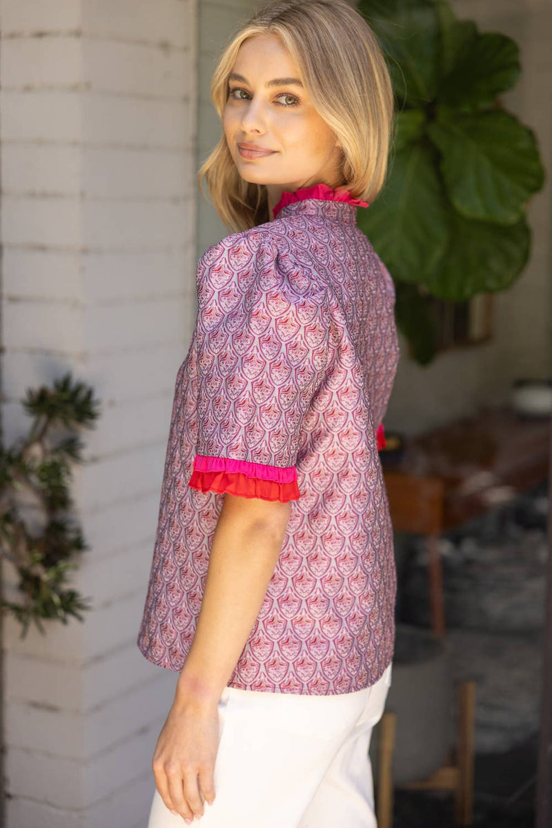 35883 Jacqaurd Petal Print Contrast Ruffle Top: Mauve / M