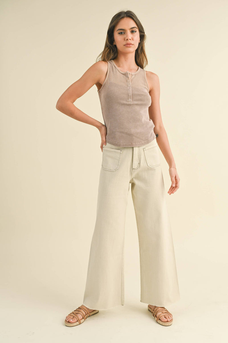 MMP1913   STRAIGHT WIDE LEG PANTS WITH FRONT POCKET: WASHED BEIGE / S