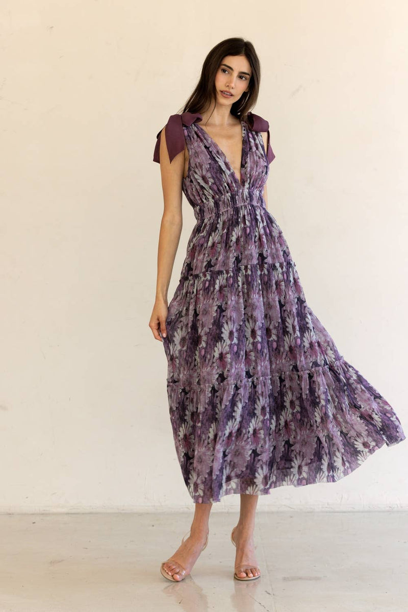 JD4447-14-FLORAL TIERED MAXI DRESS: PURPLE FLORAL / S