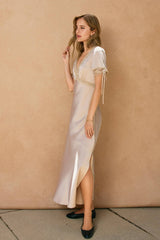 Dull Satin Lace Trim Midi Dress