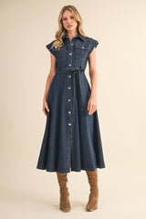 BUTTON DOWN MIDI DRESS: DK DENIM / S