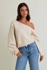 ASYMMETRICAL SHOULDER SWEATER TOP: CREAM / M