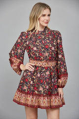 BORDER PRINT BELTED BUTTON DOWN MINI DRESS FD34104: NAVY MULTI / S