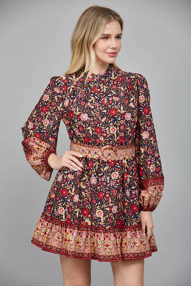 BORDER PRINT BELTED BUTTON DOWN MINI DRESS FD34104: NAVY MULTI / S