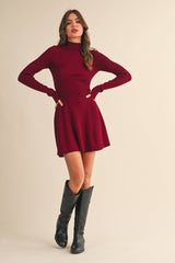 ID5527 MOCK NECK LONG SLEEVE FIT AND FLARE MINI DRESS: DK CHOCOLATE / L