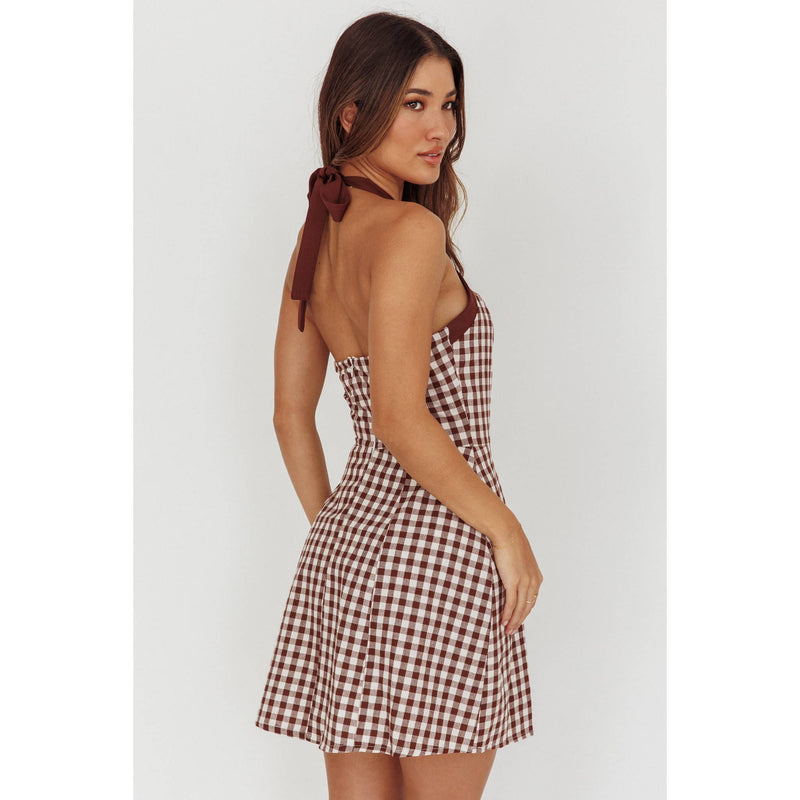 HALTER GINGHAM MINI DRESS / SR1579J: BROWN