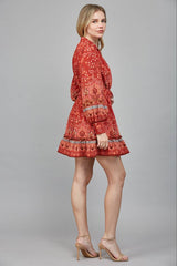 BORDER PRINT BUTTON FRONT MINI DRESS WITH SELF BELT FD34124: BRICK RED / S