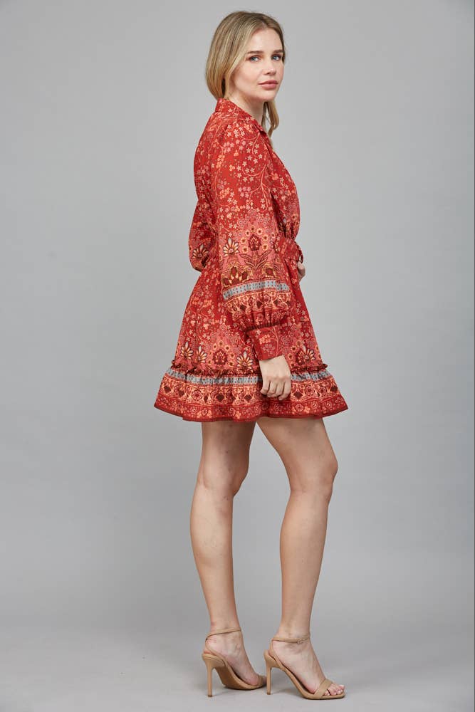 BORDER PRINT BUTTON FRONT MINI DRESS WITH SELF BELT FD34124: BRICK RED / S