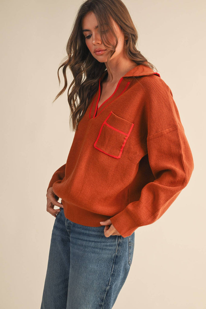 COLLARED SWEATER: Chocolate Ivory / L