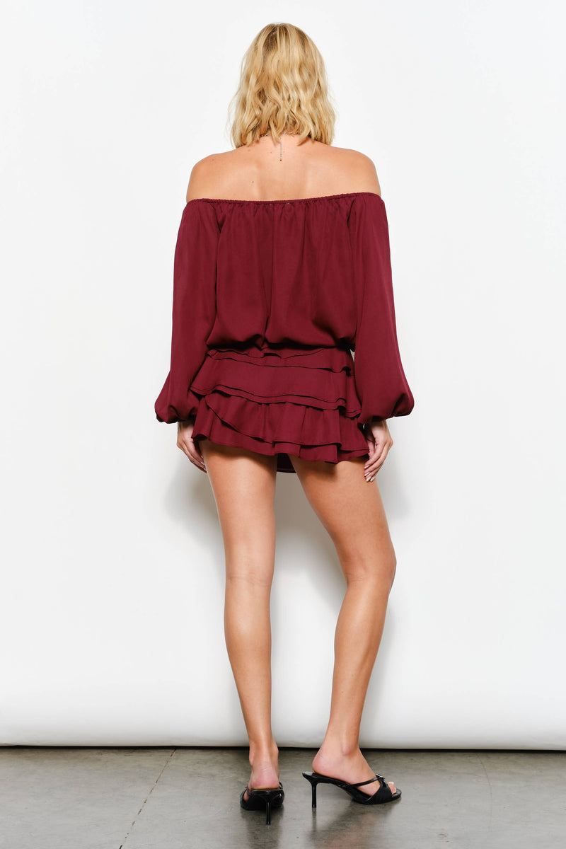 ISABELLA OFF SHOULDER BUBBLE HEM TOP - Romantic, Night Out: Burgundy / M