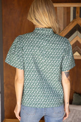 35967 Ruffled High Neck Abstract Printed Top: Dark Sage / S