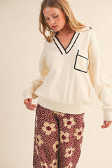 COLLARED SWEATER: Chocolate Ivory / S