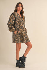 ID9370-A OVERSIZED COLLAR PUFF SLEEVES LEOPARD DENIM DRESS: LEOPARD / S