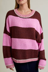 LONG SLEEVE DROP SHOULDER STRIPE SWEATER: PINK-BROWN STRIPE / M