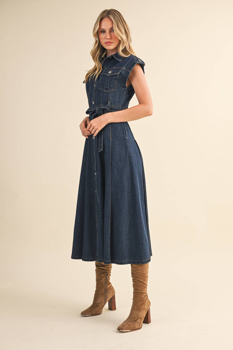 BUTTON DOWN MIDI DRESS: DK DENIM / M