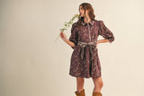 BLANKET STITCH PUFF SLEEVE FLORAL MINI DRESS MDR4173: Plum Multi Floral / M