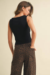 IP1397 LEOPARD PRINT WIDE DENIM TRACK PANTS: Brown / L
