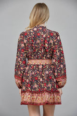 BORDER PRINT BELTED BUTTON DOWN MINI DRESS FD34104: NAVY MULTI / S