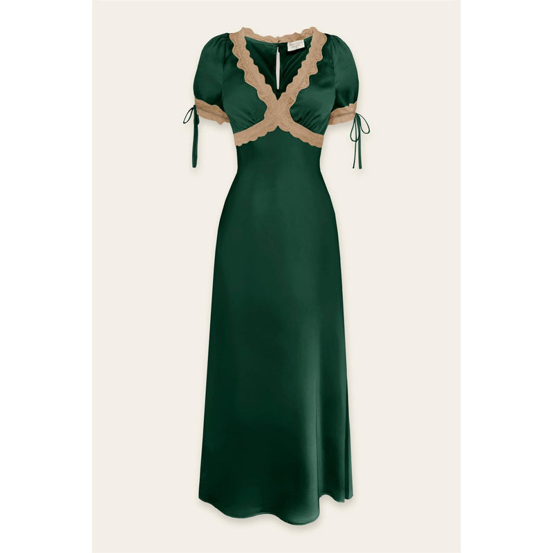 Dull Satin Lace Trim Midi Dress
