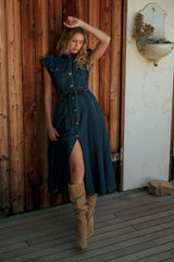 BUTTON DOWN MIDI DRESS: DK DENIM / S