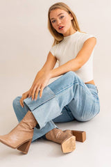 WIDE LEG CUFFED JEANS: Lt Denim / S