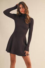 ID5527 MOCK NECK LONG SLEEVE FIT AND FLARE MINI DRESS: DK CHOCOLATE / L