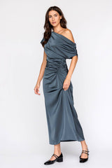 JD9203-ONE SHOULDER RUCHED MIDI DRESS: CHOCOLATE / L