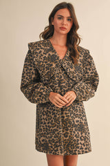 ID9370-A OVERSIZED COLLAR PUFF SLEEVES LEOPARD DENIM DRESS: LEOPARD / S