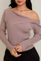 ONE SHOULDER RIBBED DIFFERENCE DETAIL SWEATER TOP: H BROWN / XS