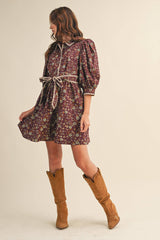 BLANKET STITCH PUFF SLEEVE FLORAL MINI DRESS MDR4173: Plum Multi Floral / M