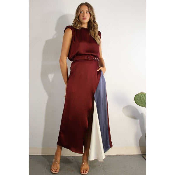 TOP AND COLOR BLOCK SKIRT: WINE / L