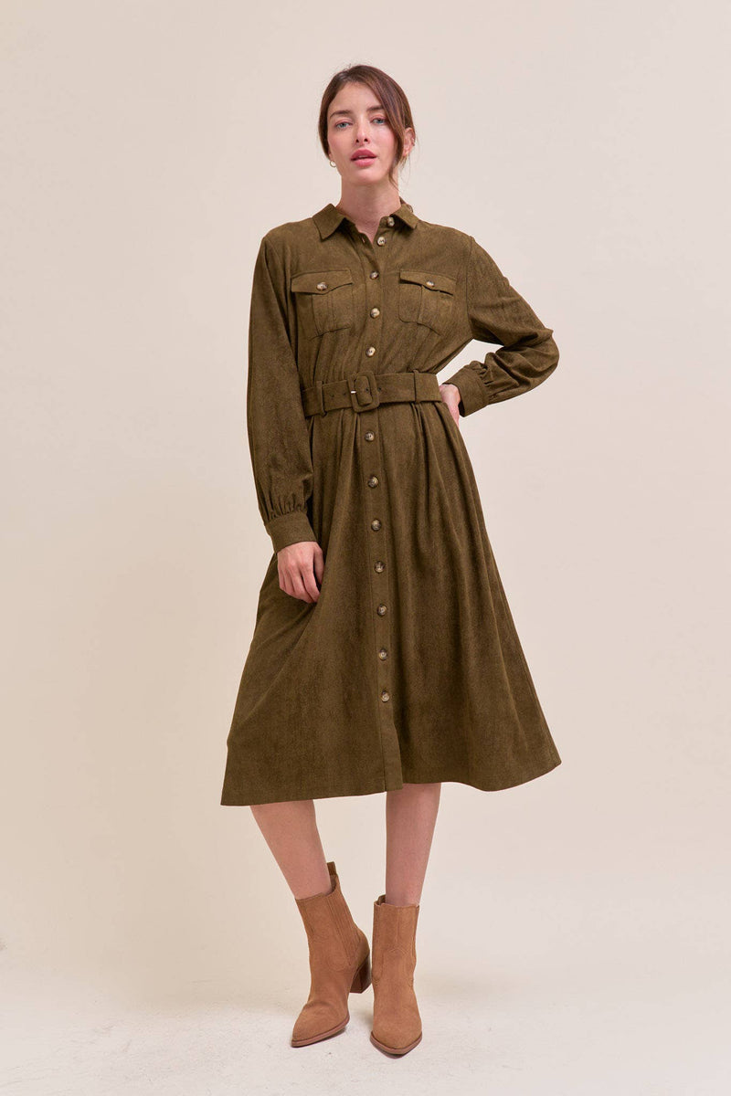 SUEDE SHIRT DRESS MDR4290: OLIVE / L