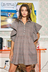 Ruffle Sleeves Brown Plaid Mini Dress